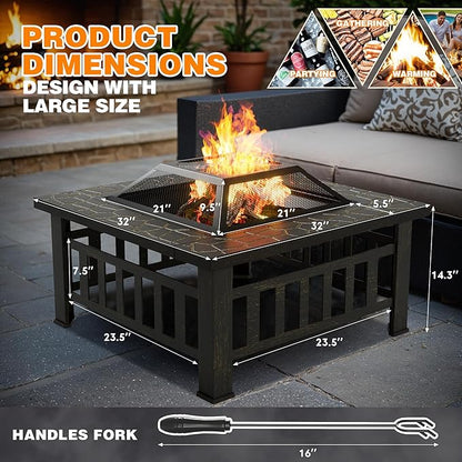 Flamaker Outdoor Fire Pit 32 Inch Firepit Tables Backyard Mutifunctional Square Metal Stove Wood Burning with Cover Poker for Patio, Camping, Bonfire (Bronze)