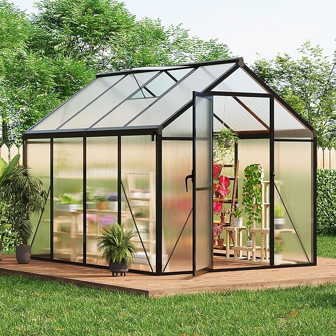 6 x 8 ft Greenhouse, Greenhouses for Outside, Polycarbonate Greenhouse with Aluminum Frame, Lockable Door and Ajustable Roof Vent for Backyard, Green Houses for Outside Garden Backyard, Patio