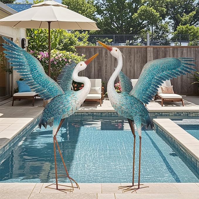chisheen Garden Statue Outdoor Metal Heron Crane Yard Art Sculpture for Lawn Patio Backyard Decoration,46 inch (2-Pack) (White&Blue)