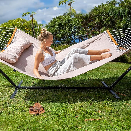 SUNCREAT 55 Inch Large Double Hammock with Stand, 450lbs Capacity, Outdoor Portable Hammock with Curved Spreader Bar, Extra Large Pillow, Tan