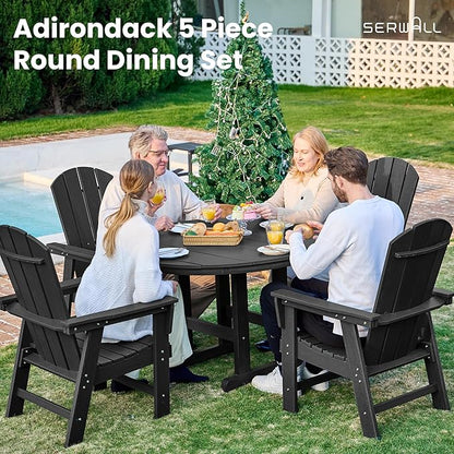 SERWALL 5 Piece Outdoor Dining Set, HDPE Dining Furniture Set with Umbrella Hole, 4 Adirondack Dining Chairs and 45" Round Dining Table, Black