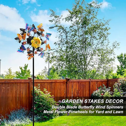 Double Blade Butterfly Wind Spinners, Outdoor Garden 360° Swivel Spinners 50 inch Garden Stakes Decor, Metal Flower Pinwheels for Yard and Lawn