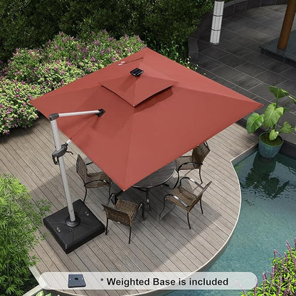 PURPLE LEAF 9 Feet Solar Powered LED Square Cantilever Umbrella With Base Patio Umbrellas Windproof Hanging Umbrella Outdoor Offset Umbrellas, Brick Red