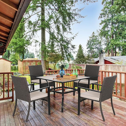 PHI VILLA 5 Piece Outdoor Dining Set for 4, 37" Wood Top Metal Dining Table & 4 Cushioned Rattan Wicker Chairs for Patio, Deck, Yard, Porch