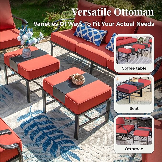 Patio Furniture Set 5 pcs, Outdoor Patio Furniture, 3-Seat Sofa, 2 Single Chairs, 2 Ottomans and 5.75" Extra Thick Cushion, Patio Conversation Set for Garden Backyard Deck,Red