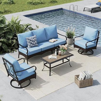 MFSTUDIO 4 Pieces Outdoor Patio Furniture Set, Metal Outdoor Conversation Set, Rattan Wicker Patio Sectional with 2 x Swivel Single Sofa, 3-Seat Sofa, 1 x Coffee Table, Blue