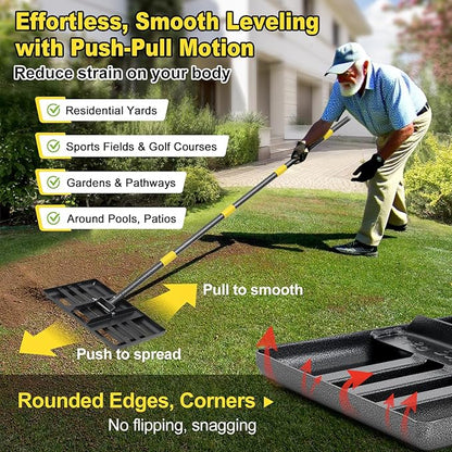 Lawn Leveling Rake: Anti Flipping 17" x 10" Stainless Steel Lawn Ground Leveler for Soil, Heavy Duty Grass Top Soil Dressing Leveling Rake, Home Lawn,Golf Field,Yard Landscaping Tool, 60” Long Handle