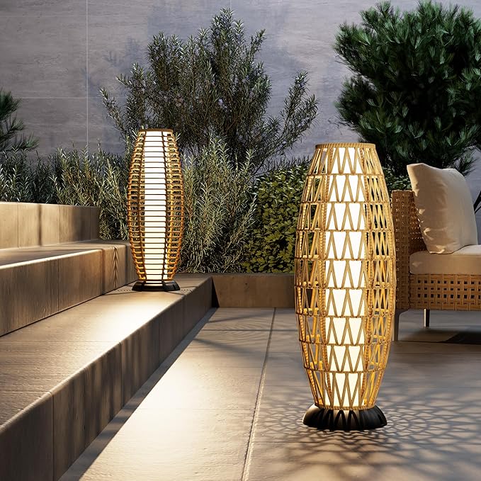 Solar Yard Outdoor Floor Lamp 2-Pack Solar Lights Solar Powered Lantern Weather-Resistant Wicker Deck Lights, Lamp Large for Patio Garden (Austin Natural Brown, 2PCS)