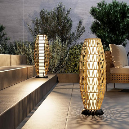 Solar Yard Outdoor Floor Lamp 2-Pack Solar Lights Solar Powered Lantern Weather-Resistant Wicker Deck Lights, Lamp Large for Patio Garden (Austin Natural Brown, 2PCS)