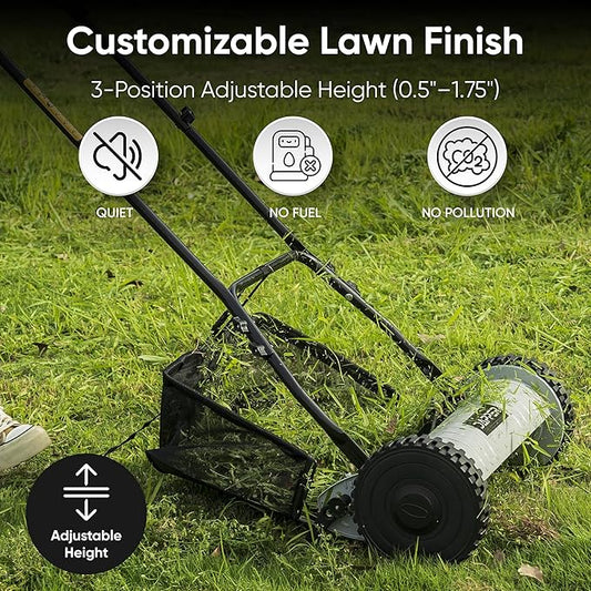 16" Push Reel Lawn Mower with Grass Catcher – Manual 5-Blade Hand Mower, Adjustable 3-Position Cutting Height (0.5"–1.75"), Lightweight & Eco-Friendly – 1-Year Warranty