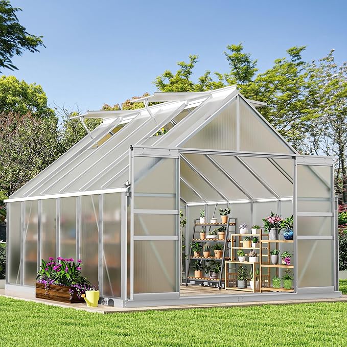 DWVO 10x12FT Polycarbonate Greenhouse Heavy Duty Green Houses Outdoor Aluminum Greenhouses with Sliding Doors Vent Window Premium Walk-in Greenhouse Large Sun House for Garden Backyard, Silver