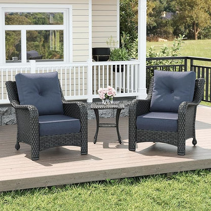 LayinSun 3 Piece Wicker Outdoor Furniture Set with 6-inch Comfy Cushions, High Back Patio Furniture Set with Rattan Armchairs and Side Table