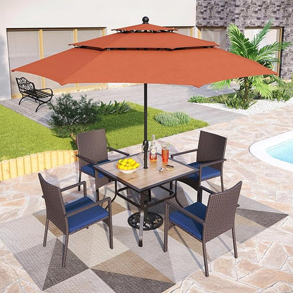 PHI VILLA 5 Piece Outdoor Dining Set with Umbrella for 4, 37" Square Metal Wood-top Table & Wicker Rattan Chairs with Cushions & 10ft Red Umbrella, Dining Furniture for Patio, Deck, Backyard, Porch
