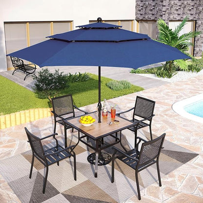 PHI VILLA 5 Pieces Patio Dining Set for 4 with 10ft Patio Umbrella, Metal Outdoor Stackable Wrought Iron Chair Set of 4 & 37" Metal Wood-Like Dining Table,3 Tier Vented Market Table Beige Umbrella
