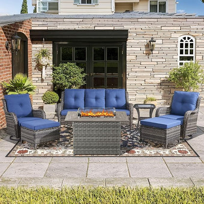 Wicker Outdoor Conversation Se with 50,000 BTU Gas Propane Fire Pit Tablet-7 Pieces Outdoor Wicker High Back Couch Patio Furniture for Deck Poolside Backyard