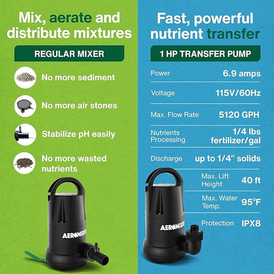 Aeromixer Regular 3/4 HP Submersible Mixing + Aerating Pump with 1 HP Water Transfer Pump Bundle - Water Aerator & Garden Utility Pumps, Nutrient Mixing & Aeration Pumps for Farming & Gardening