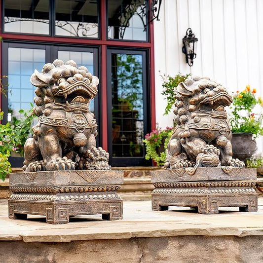 Zaer Ltd. Set of 2 Traditional Fu Dog Garden Statues, Chinese Guardian Lion Sculptures with Pedestals, Made with Magnesium-Cement (Aged Bronze)