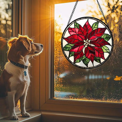 Stained Glass Window Hanging - Red Poinsettia Birth Flower Suncatcher for Door Garden Yard Sun Catchers Decor Christmas Mother's Day Birthday Gifts for Women Mom Nana Friend Men 6.3 in