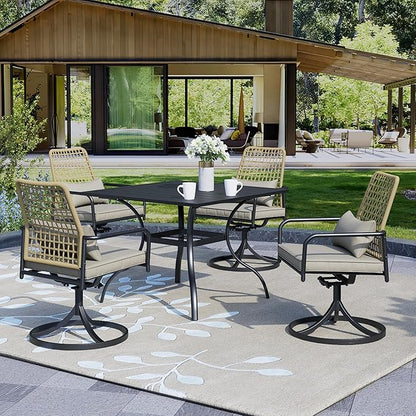 5-Piece Outdoor Dining Set, Rattan Wicker Swivel Chairs with 35''Metal Table Furniture Set, Gray Cushions