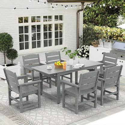 7-Piece HIPS Patio Dining Set, Outdoor Dining Table and Chairs Set with Umbrella Hole, Weatherproof Dining Table Set for 6 Person, Patio Furniture Set for Outside Deck, Grey