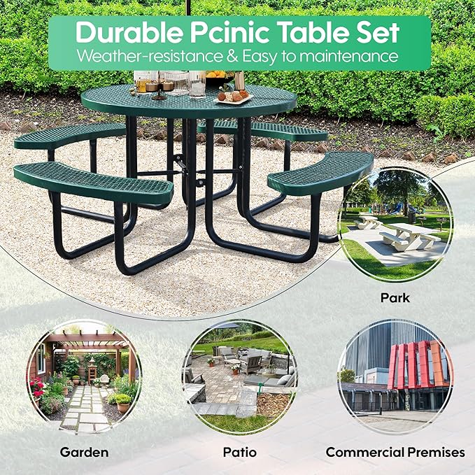 8-Person Picnic Tables for Outdoors, Industrial 46" Expanded Metal Round Picnic Table with 4 Benches & Umbrella Hole, Outside Table and Bench Set for Park, Garden, Backyard, Patio, Green