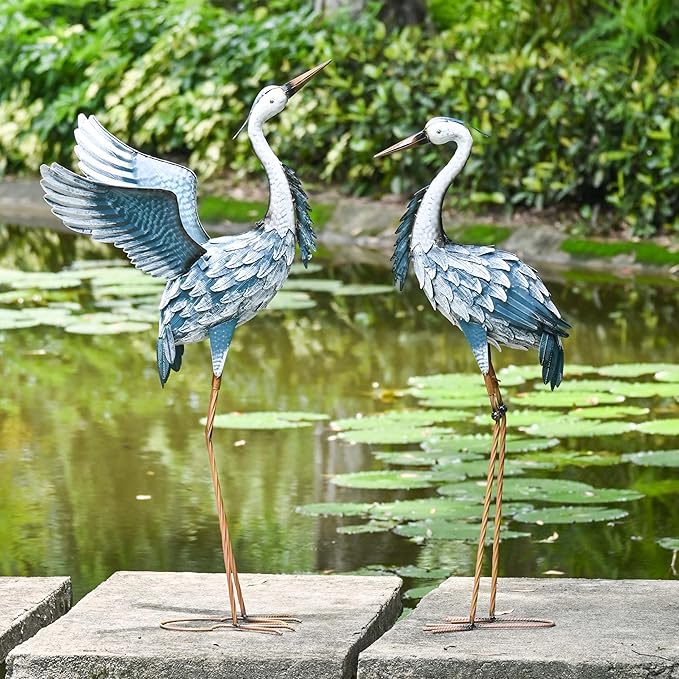 TERESA'S COLLECTIONS Garden Decor Blue Heron Metal Yard Art,38-42" Large Metal Cranes Sculptures & Statues Heron Decoy for Outdoor Indoor Decorations,Outside Patio,Pool, Lawn,Set of 2,Gift for Mom