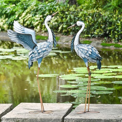 TERESA'S COLLECTIONS Garden Decor, Set of 2 Herons Garden Decor, 23-25", Elegant Herons with Blue Painting, Waterproof Metal Garden Statue, Herons Gifts Birthday Gifts for Women Mom