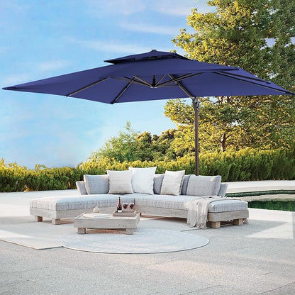 JZAC & QZYD 10 X 13 FT Cantilever Patio Umbrella Outdoor Rectangle Offset Double Top Large Heavy Duty Umbrellas with 360° Rotation for Deck Backyard Garden, Navy