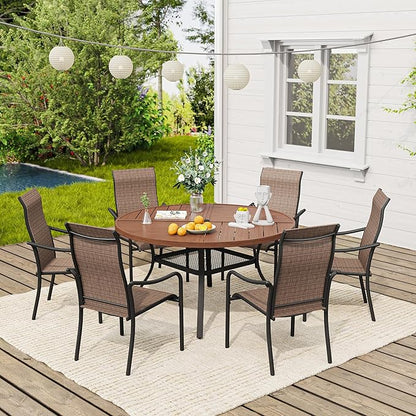 VICLLAX Outdoor Patio Round Dining Table, 47.2"x 47.2" Spliced Metal Tabletop with Storage Shelf for Deck Lawn Garden Backyard, Walnut