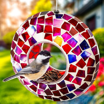 Sunnydaze 6-Inch Glass Mosaic Hanging Bird Feeder for Outdoors - Fly-Through Wild Bird Feeder - Crimson Mosaic