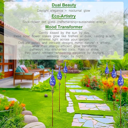 Solar Garden Lights Outdoor, Decorative LED Flame Garden Stakes, Hand Blown Glass and Outdoor Waterproof Glass Stakes (Dark Blue)