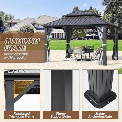 10 X 12ft Hardtop Gazebo, Galvanized Steel Double Roof Gazebo with Nettings and Curtains, Outdoor Aluminum FrameVertical Stripes Roof Permanent Pavilion for Patio, Backyard, Lawns