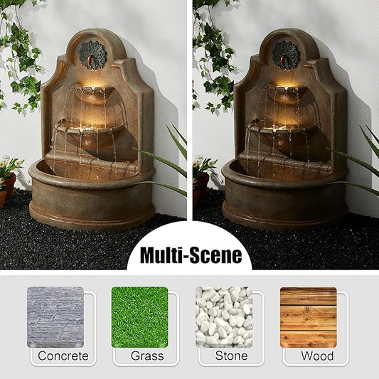 Glitzhome Outdoor Wall Mounted Water Fountain with LED Lights and Pump, Oversized Antique European Style 3-Tier Polyresin Cascading Floor-Standing Fountain for Porch Deck Patio Backyard, 37.25" H