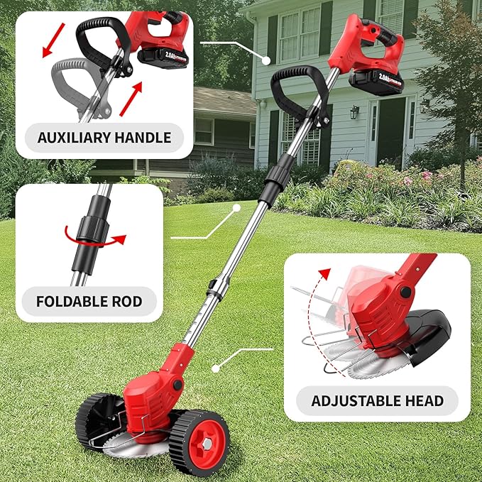 Cordless Weed Wacker, Electric Weed Eater with 4 Types of Blades & 2 * 2.0Ah Batteries, Lightweight Brush Cutter Foldable String Trimmer, Battery Powered Lawn Mover for Lawn Yard (Red)
