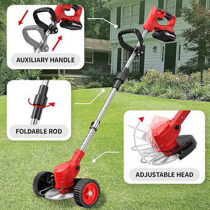 Cordless Weed Wacker, Electric Weed Eater with 4 Types of Blades & 2 * 2.0Ah Batteries, Lightweight Brush Cutter Foldable String Trimmer, Battery Powered Lawn Mover for Lawn Yard (Red)