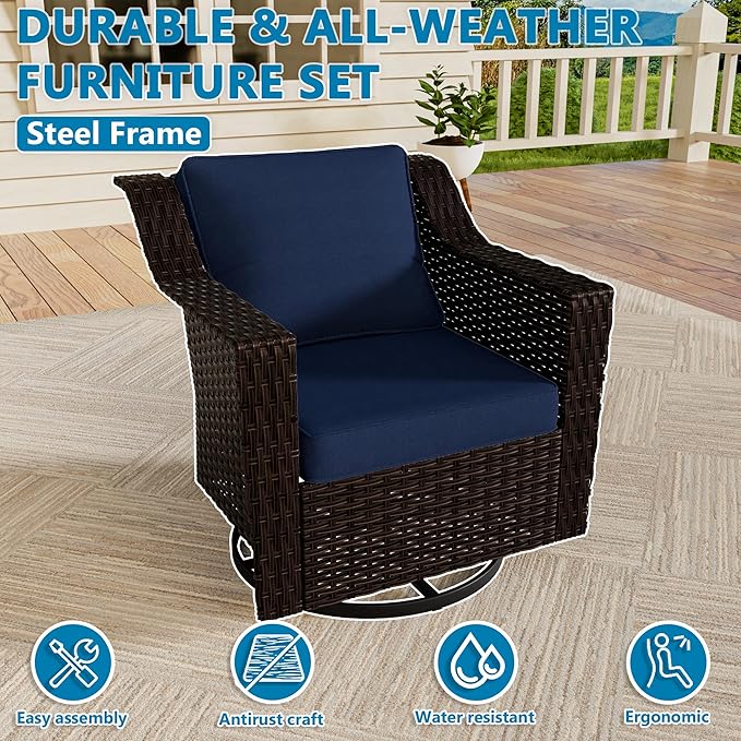 Vista Vibe Outdoor Patio Deep Seat Luxurious Chair - 360 Degree Swivel Glider Rocker Chair with Washable Cushions, Hand-Woven & All-Weather PE Rattan, Balcony, Yard (Brown/Navy)