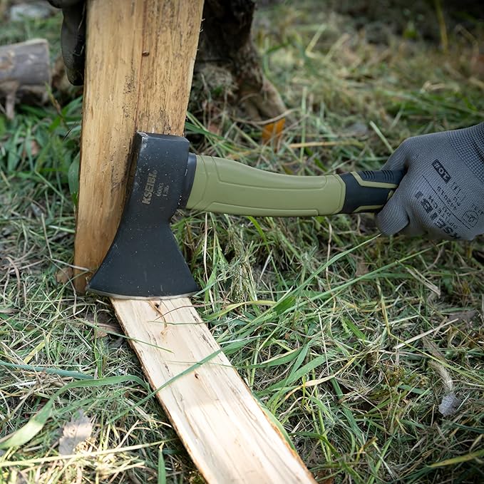 KSEIBI Hatchet with Sheath, Camping Axe for Splitting and Kindling Wood, Forged Steel Blade with Anti-Slip and Shock Reduction Handle Great Throwing Hatchets (Sausalito Green)