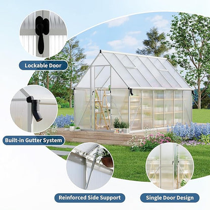 8X14 ft Polycarbonate Greenhouse with Aluminum Frame, Polycarbonate Greenhouse for Outdoors, Greenhouses with Ventilation and Rain Gutter, Aluminum Large Walk-in Greenhouses for Outside