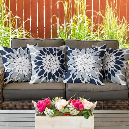 Qahing Pack of 4 Outdoor Waterproof Pillow Covers 24x24 Decorative Outdoor Throw Pillows Garden Square Cushion Cases for Patio Furniture, Couch, Tent Sunbrella, Bench, Navy Blue Grey