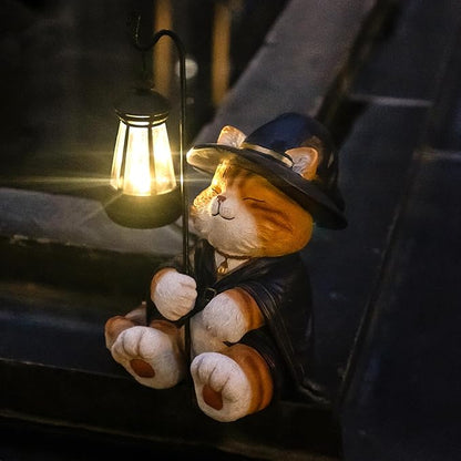 Decorative Solar Wizard Cat Lantern Garden Statue, Outdoor Figurine Light with Black Metal Lamp Post for Garden Decoration Outdoor Decor