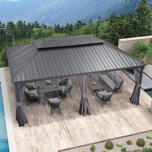 PURPLE LEAF 12' X 20' Permanent Hardtop Gazebo Aluminum Gazebo with Galvanized Steel Double Roof for Patio Lawn and Garden, Curtains and Netting Included, Grey