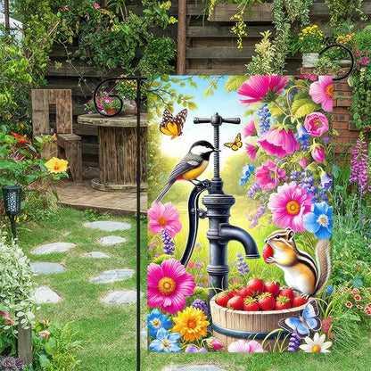Spring Garden Flag 12x18 Inch Double-Sided Yard Decoration Featuring Colorful Pump Flowers Birds Chipmunk for Outdoor Spring Summer Garden Yard Decor