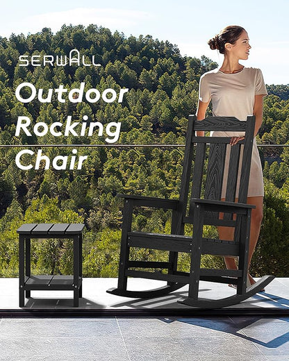 SERWALL Black Outdoor Rocking Chair Set of 2, All Weather Patio Rocking Chair, HDPE Poly Rocking Chair for Adults, Heavy Duty Front Porch Rocker