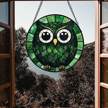 Stained Glass Window Hanging - Green Owl Suncatcher for Doors Garden Patio Funny Bird Sun Catchers Decor Christmas Mother's Day Birthday Teenager Gifts for Women Men Mom Nana Friend 11.8 in
