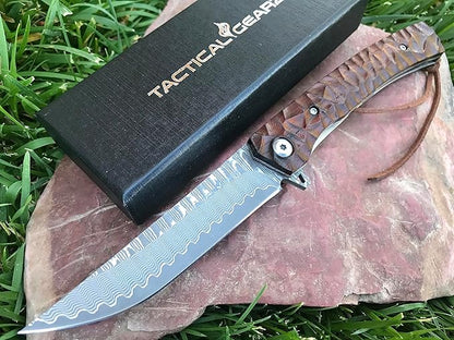 TACTICAL GEARZ Damascus Pocket Knife - EDC Folding Knife with Rosewood Handle - 67 Layer Damascus Steel VG10 Blade Everyday Carry (Alya)