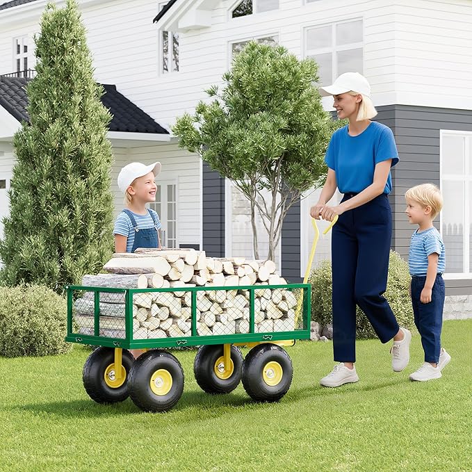 Metal Wagon - 900lbs Garden Cart with 10" Multi-Terrain Tires, 4 Removable Mesh Sides & 180° Swivel Handle, Yard Wagon Cart for Lawn, Yard, Patio Gardening