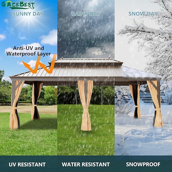 12' X 24' Hardtop Gazebo Outdoor Aluminum Patio Gazebo Double Roof Galvanized Steel Canopy Wooden Finish Coated with Netting and Curtains for Garden, Backyard,Deck and Lawns
