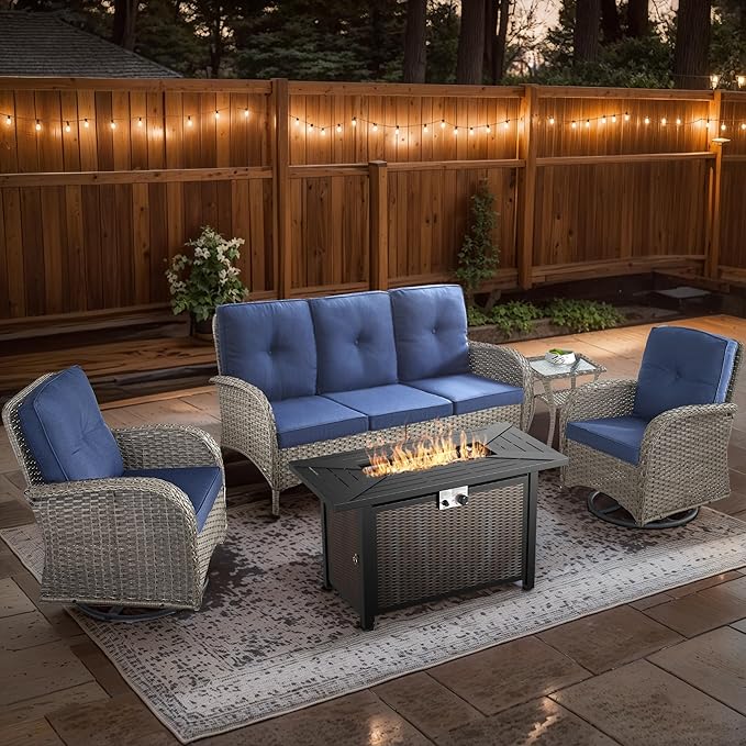5 Piece Patio Furniture Set with Fire Pit Table - Wicker Patio Conversation Set with Swivel Glider, 3-Seat Sofa, Tempered Glass Side Table for Deck Backyard - Grey Wicker Blue Cushion