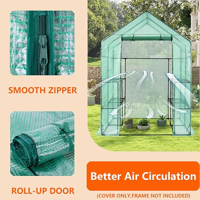 Greenhouse Replacement Cover, 56×56×76 Inch PE Walk-in Greenhouse Cover for Gardening Plants w/Roll-Up Zipper Door, Waterproof Frost Protection Wind Rain Proof, Easy Assembly (No Frames Include)