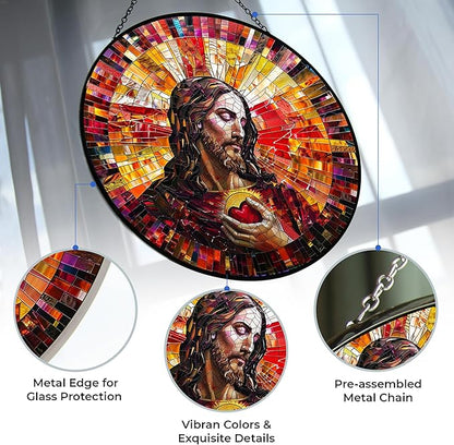 Personalized Jesus Christ Sacred Heart Suncatcher Stained Glass Window Hangings Sun Catchers Colorful Ornament Gifts for Women Mom Wife Halloween Christmas Housewarming